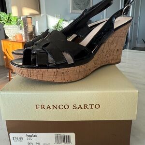 Franco Sarto Black Patent Wedge Sandals new in box